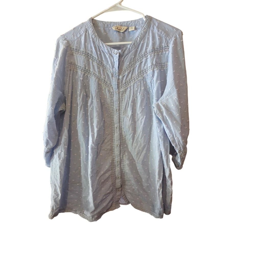 Caffe Marrakesh Button Front Top 1x Womens Plus Blue 3/4 Sleeve Cottage Core